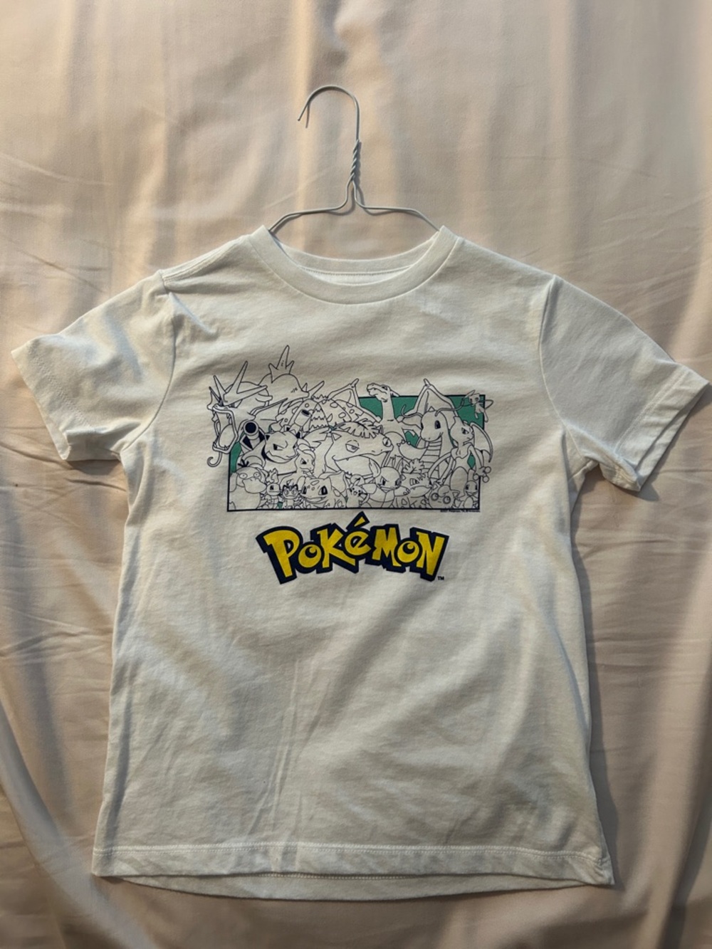 Pokemon White Tee with Yellow and Green Logo Accents